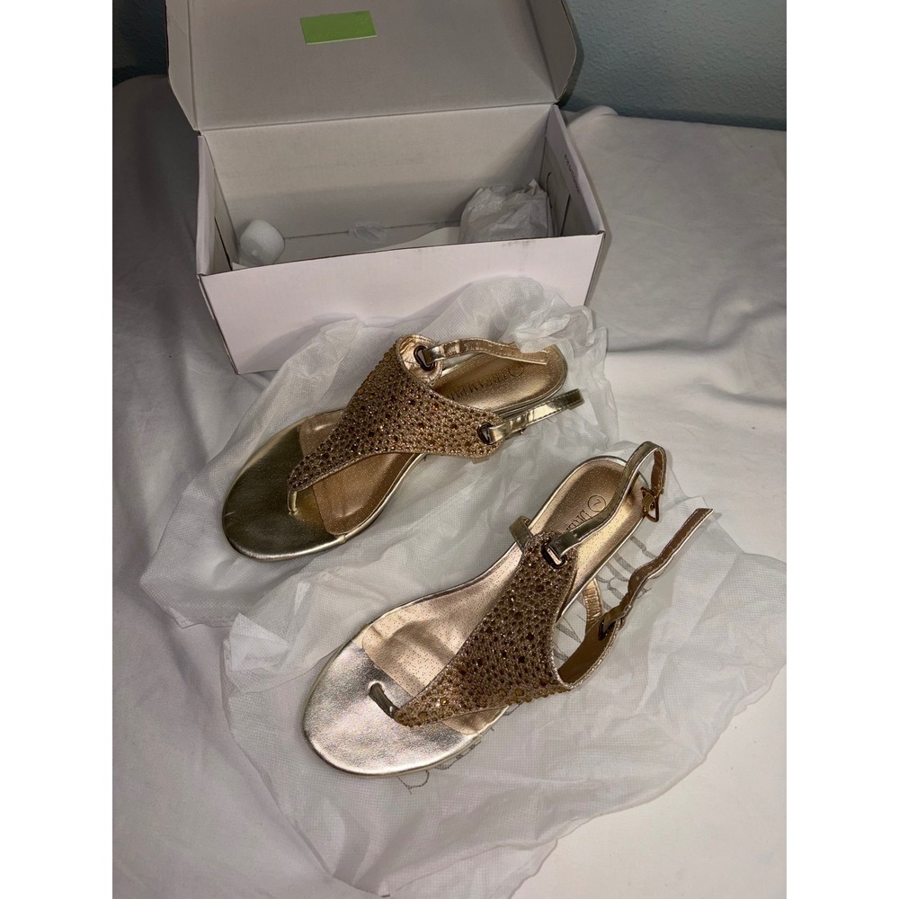 Dream Pairs Womens Gold Rhinestone Wedge Sandals Metallic T-Strap Slingback 7